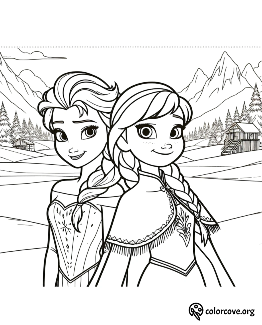 Frozen Elsa and Anna coloring page featuring mountains and cabin background. Printable Disney characters for kids.