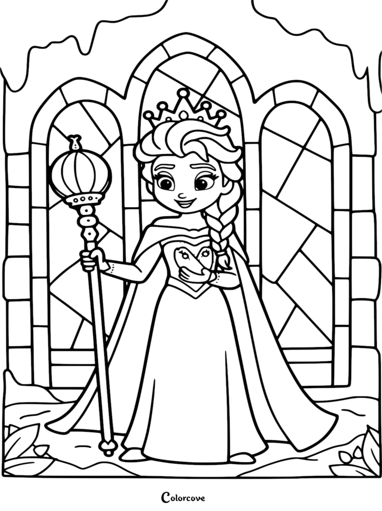 Elsa wearing a crown and holding a scepter in front of a large arched window in this printable coloring page.