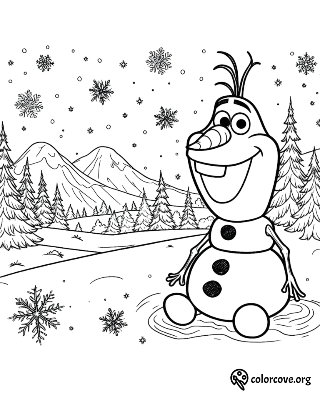 Snowman Coloring Page: Happy snowman in a winter wonderland with trees, mountains, and falling snowflakes. Free to print!