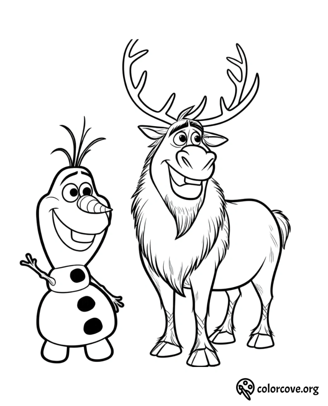 Cute snowman and reindeer - printable Disney coloring page for kids by Color Cove.