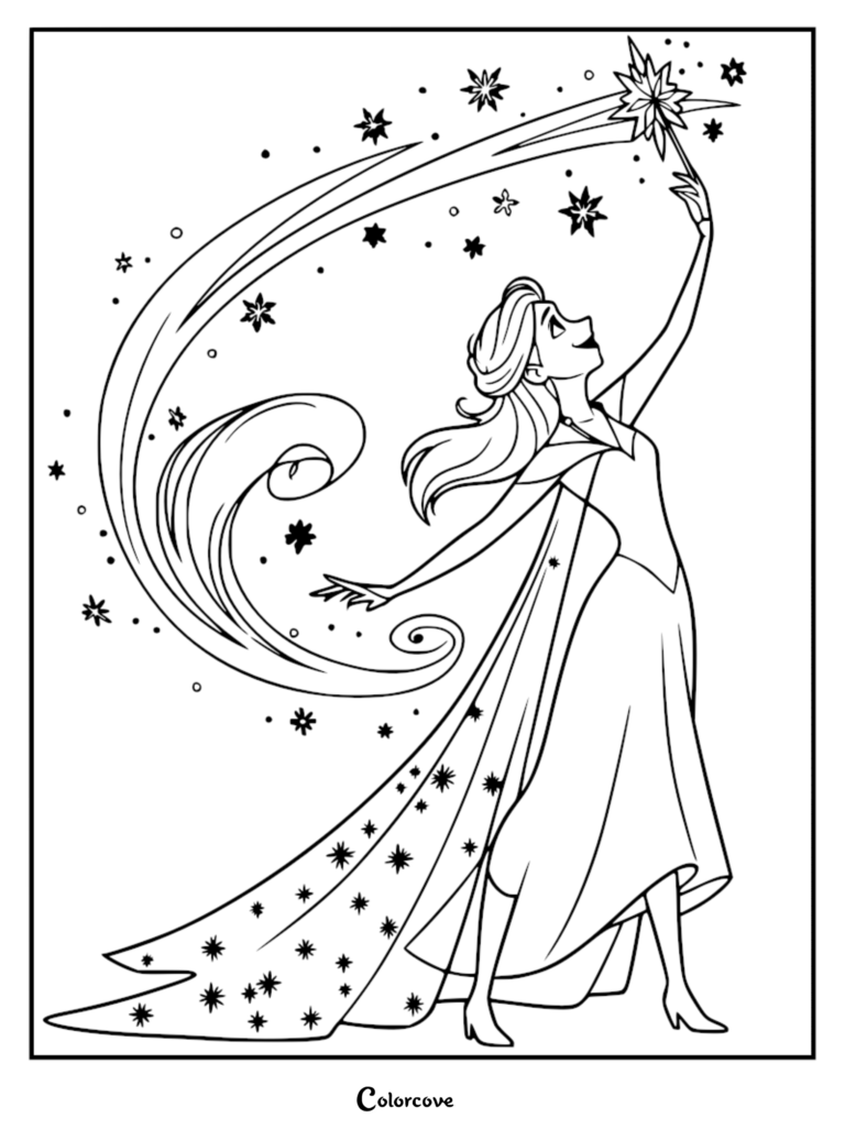 Elsa from Frozen casting a magical ice star with her hand in this printable coloring page.