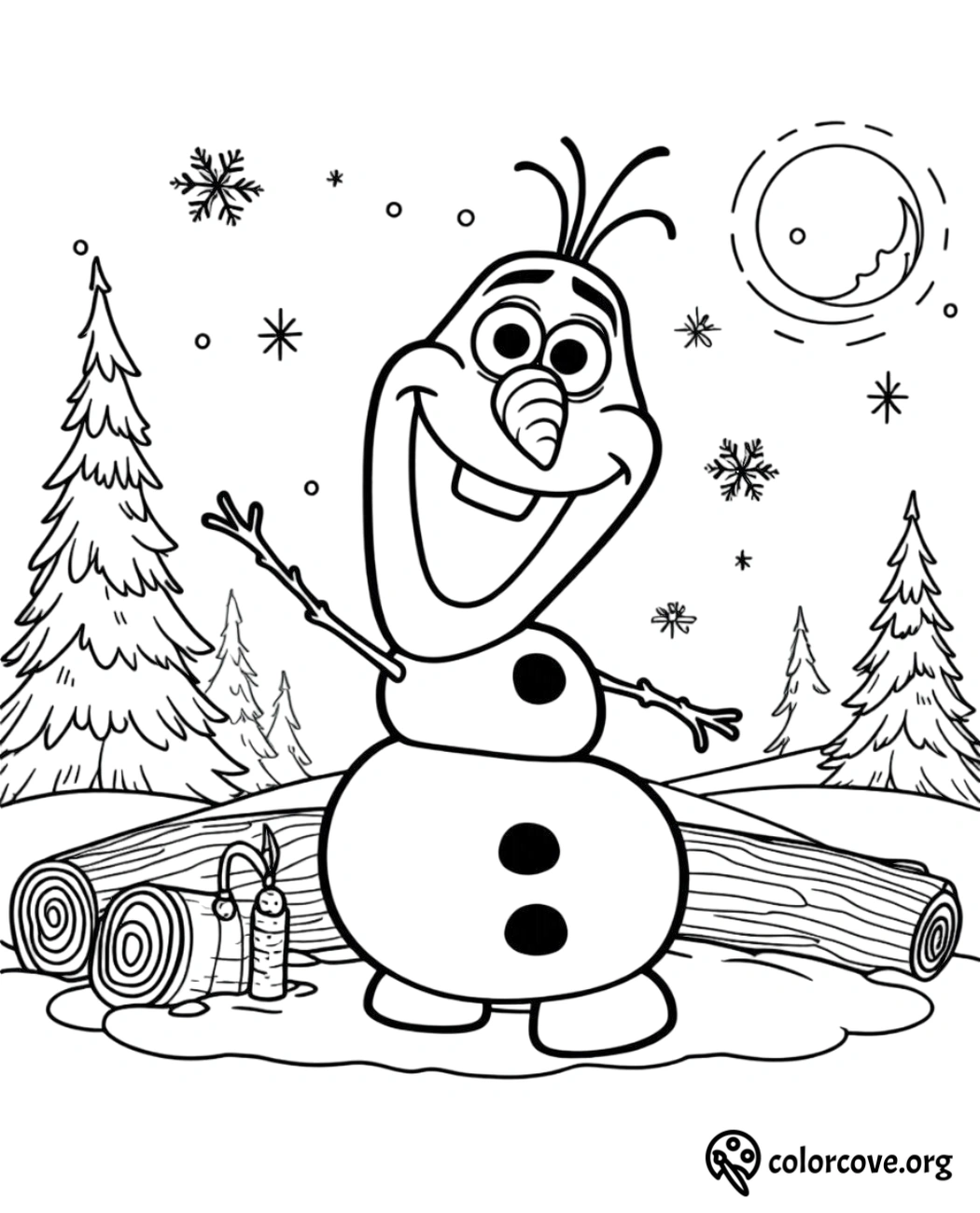 Coloring page of a joyful snowman with a carrot nose, smiling and waving in a snowy forest with a moon and snowflakes.