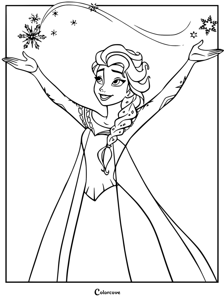 Elsa from Frozen casting ice magic with snowflakes in a printable coloring page.