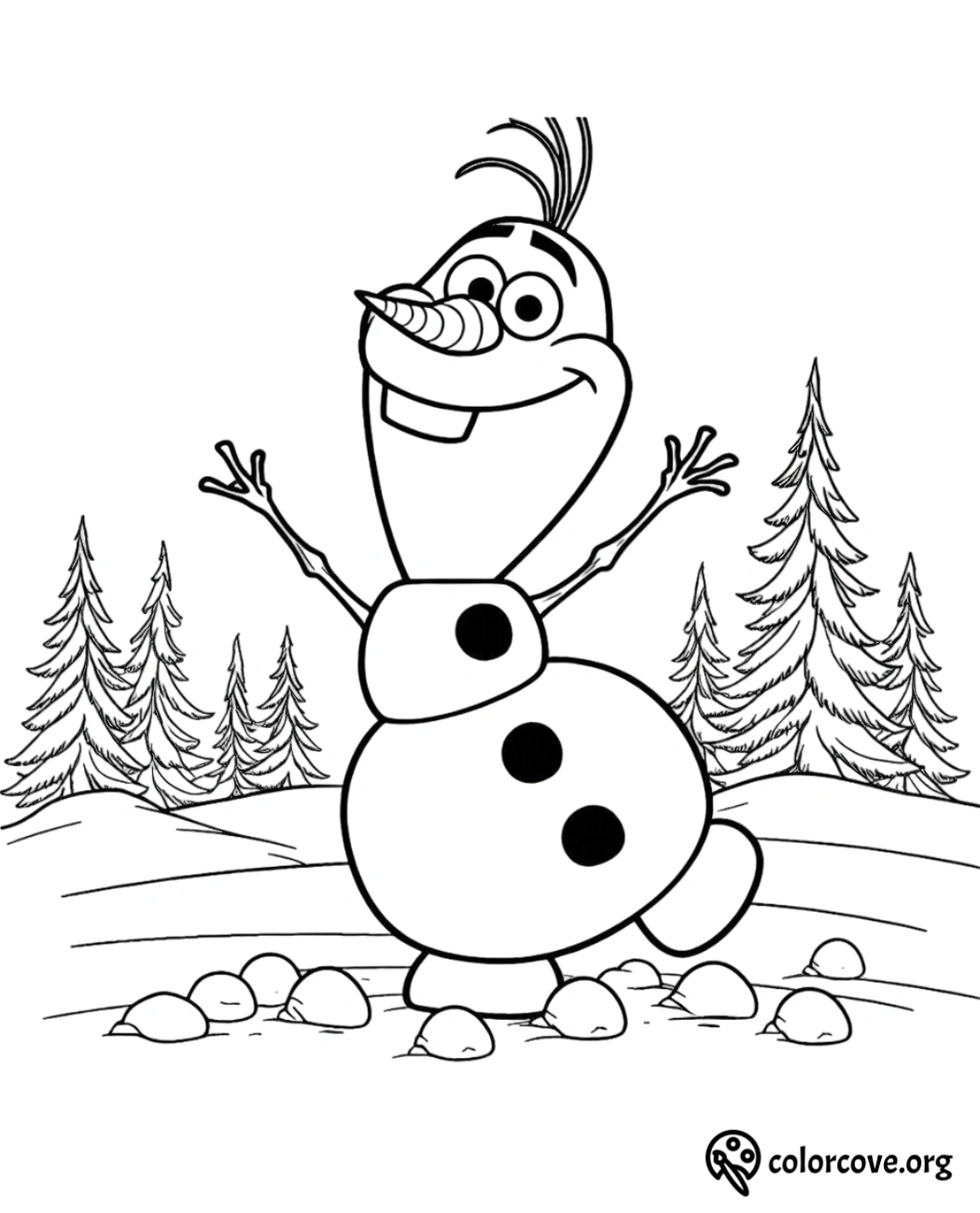 Frosty snowman coloring page, cheerful snowman with trees in background, printable winter holiday activity for kids