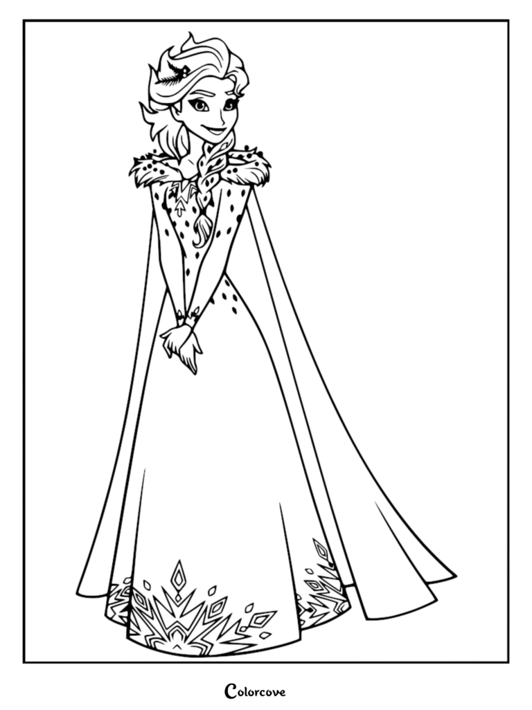 Elsa wearing her detailed winter gown with a fur-trimmed cape in this printable coloring page.