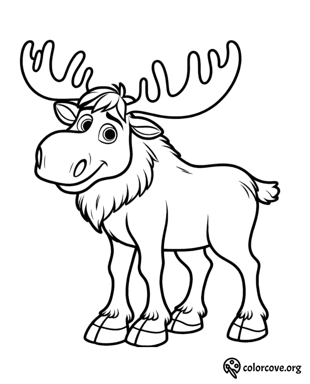 Moose coloring page for kids – fun and educational animal drawing to print and color. Printable moose outline from colorcove.org.