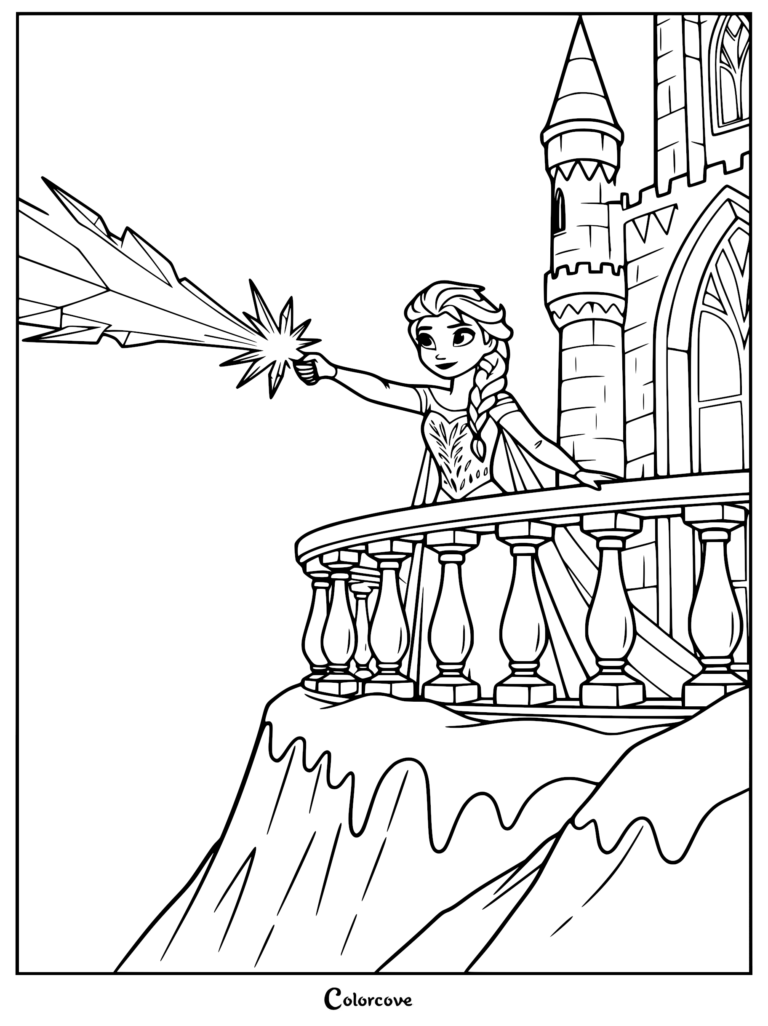 Elsa from Frozen standing on her ice castle balcony casting a magical ice blast in this printable coloring page.