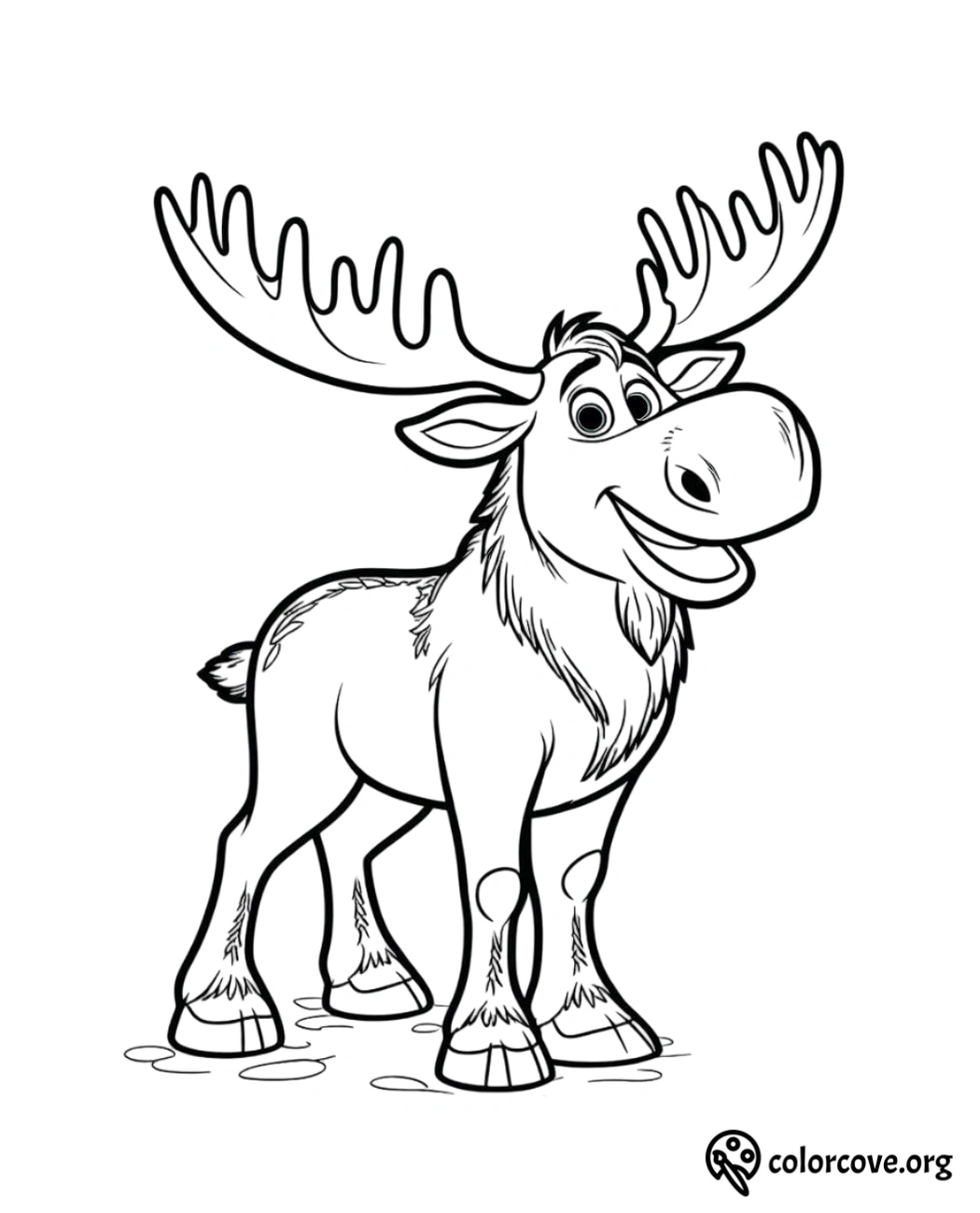 Happy cartoon moose coloring page for kids to print and color, featuring a smiling moose with large antlers.