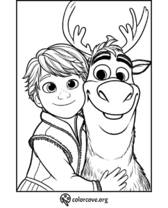 Coloring page featuring a happy snowman and a cheerful reindeer with large antlers for kids to color and enjoy.