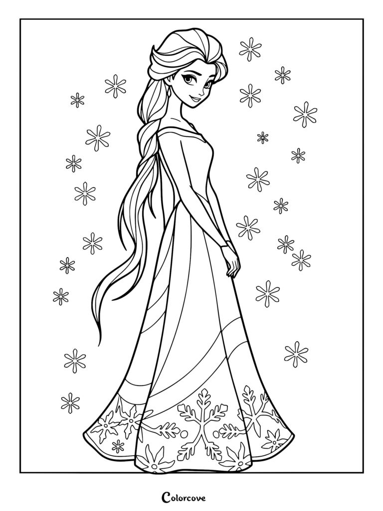 Elsa stands gracefully surrounded by falling snowflake patterns.