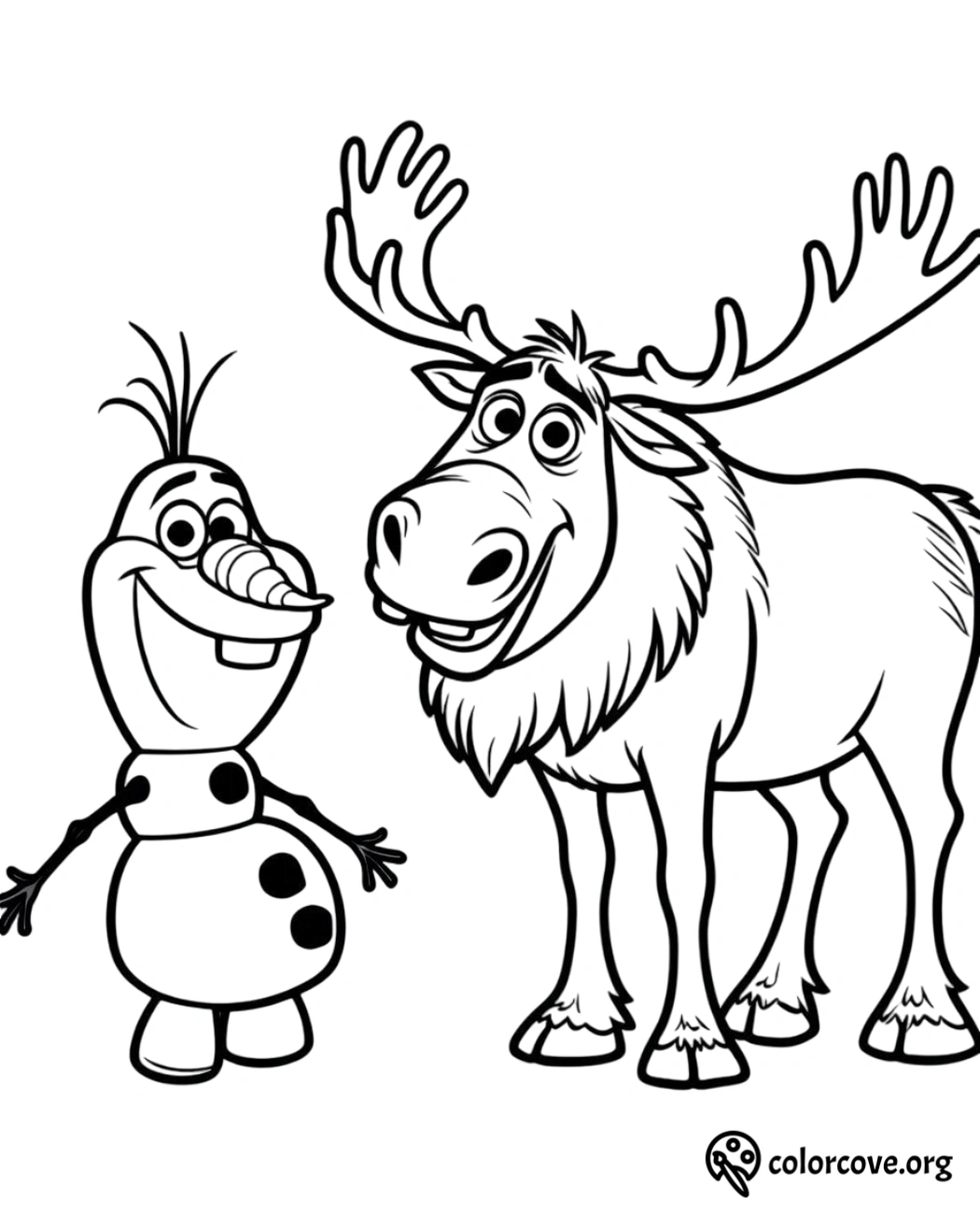 Coloring page featuring a happy snowman and a cheerful reindeer with large antlers for kids to color and enjoy.