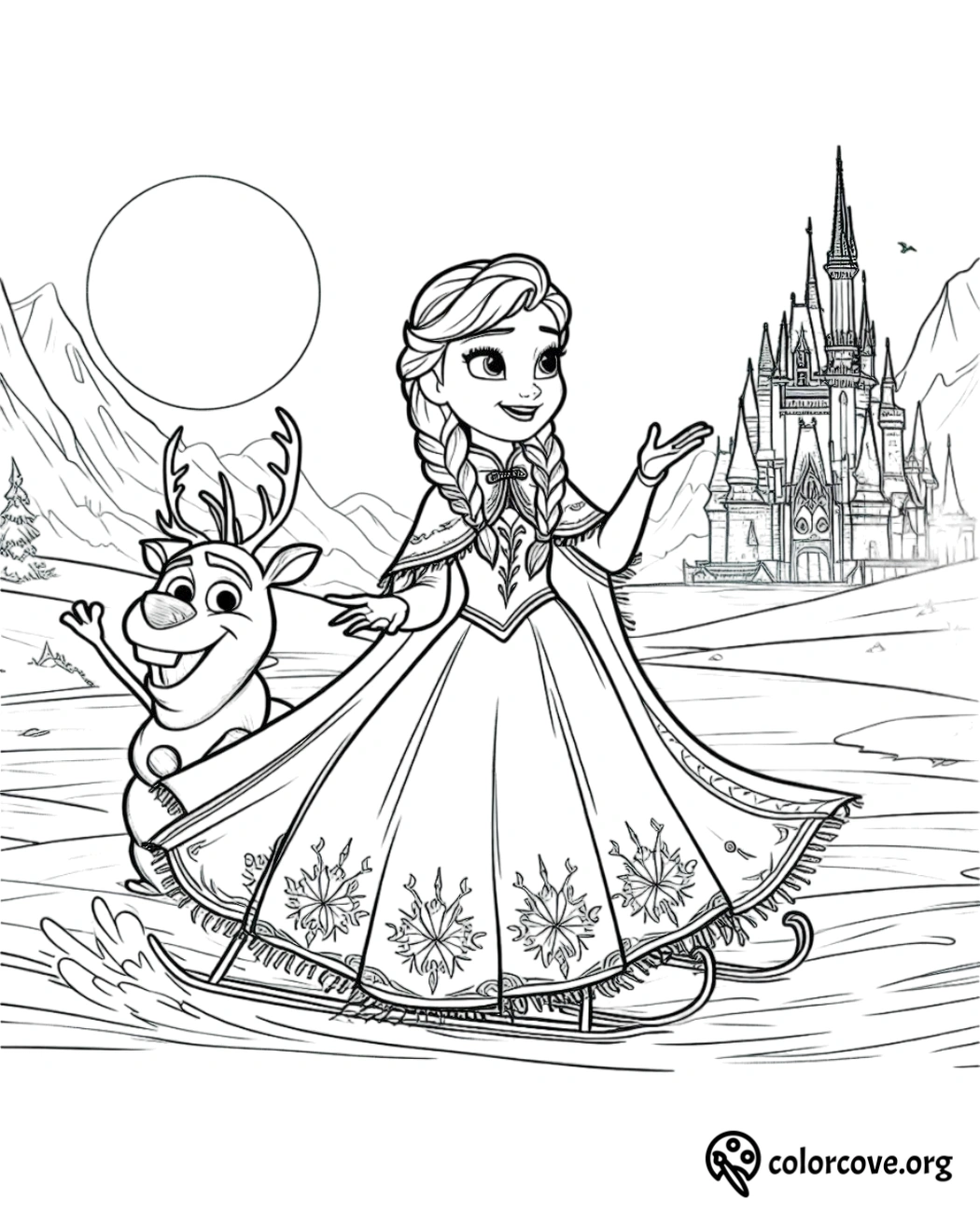 Princess and reindeer on icy landscape with castle and mountains, children's coloring page from colorcove.org.