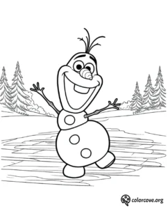 Coloring page of a cheerful snowman with a carrot nose and twig arms, standing outdoors with trees in the background.