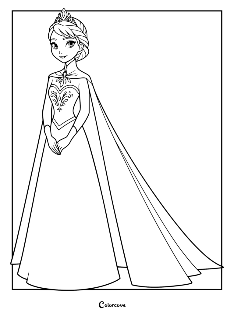 Elsa wearing her formal coronation gown and crown in this detailed printable coloring page.