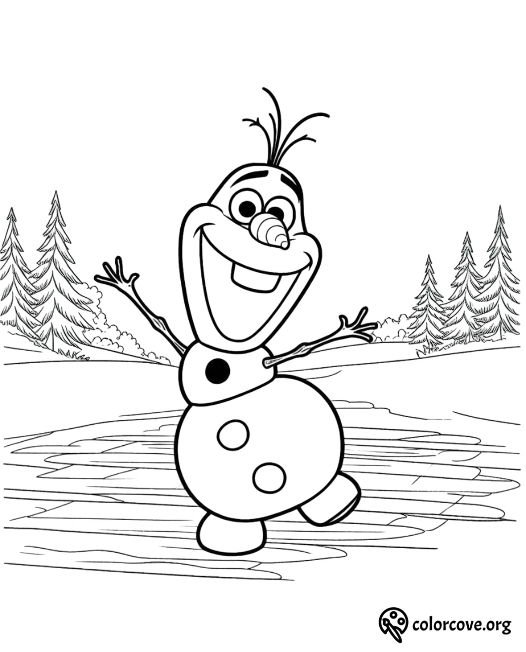 Coloring page of a cheerful snowman with a carrot nose and twig arms, standing outdoors with trees in the background.