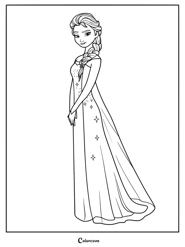 Elsa from Frozen wearing her signature ice gown with a side braid in this printable coloring page.
