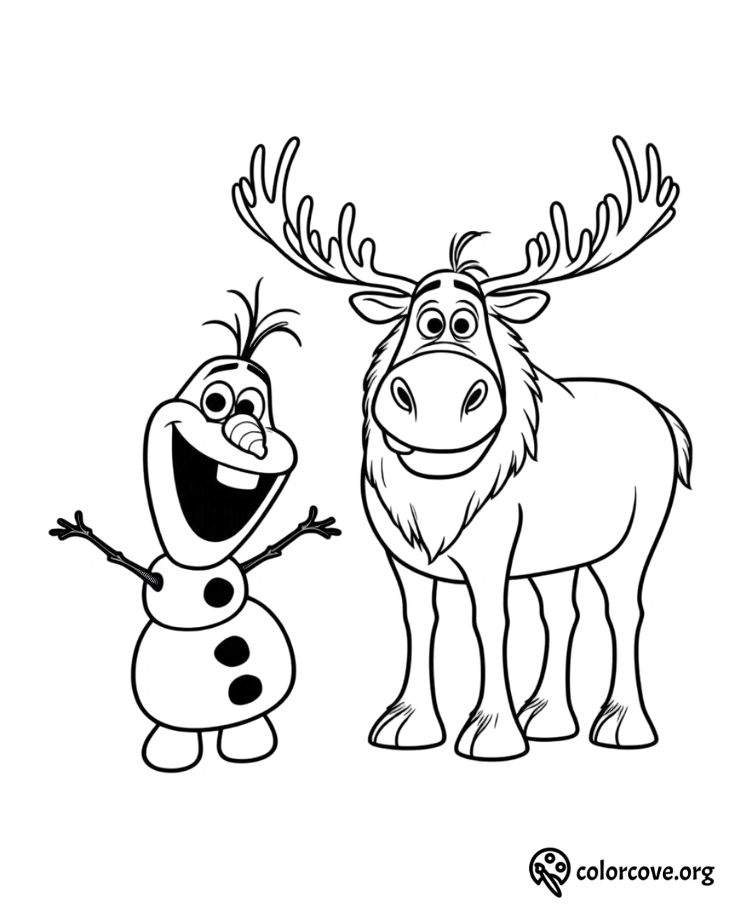 Coloring page featuring a happy snowman and a friendly reindeer, perfect for kids to color and enjoy.