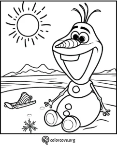 Cheerful snowman on a beach with sun and mountains in the background, featuring a sled and snowflake. Coloring page.