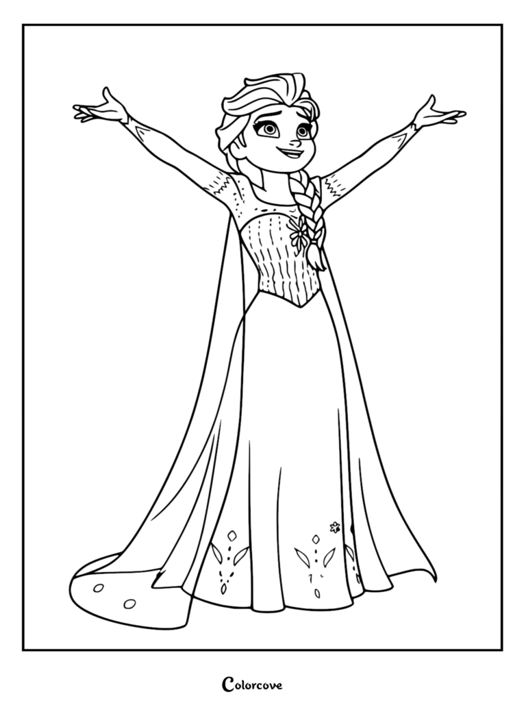 Elsa from Frozen with arms outstretched in a gown, printable coloring page.