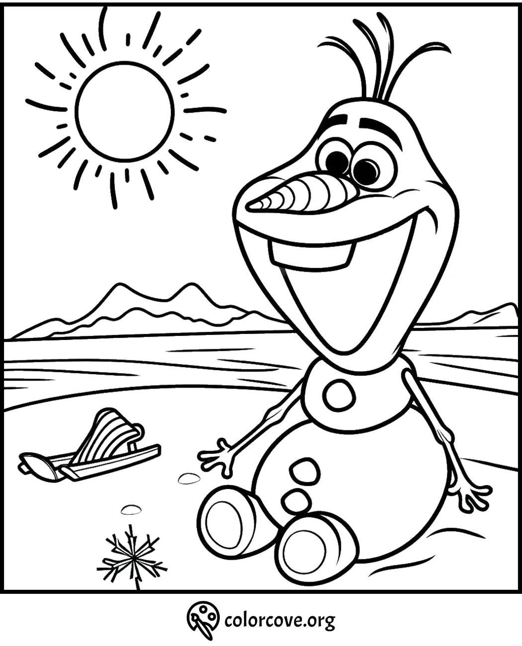 Cheerful snowman on a beach with sun and mountains in the background, featuring a sled and snowflake. Coloring page.