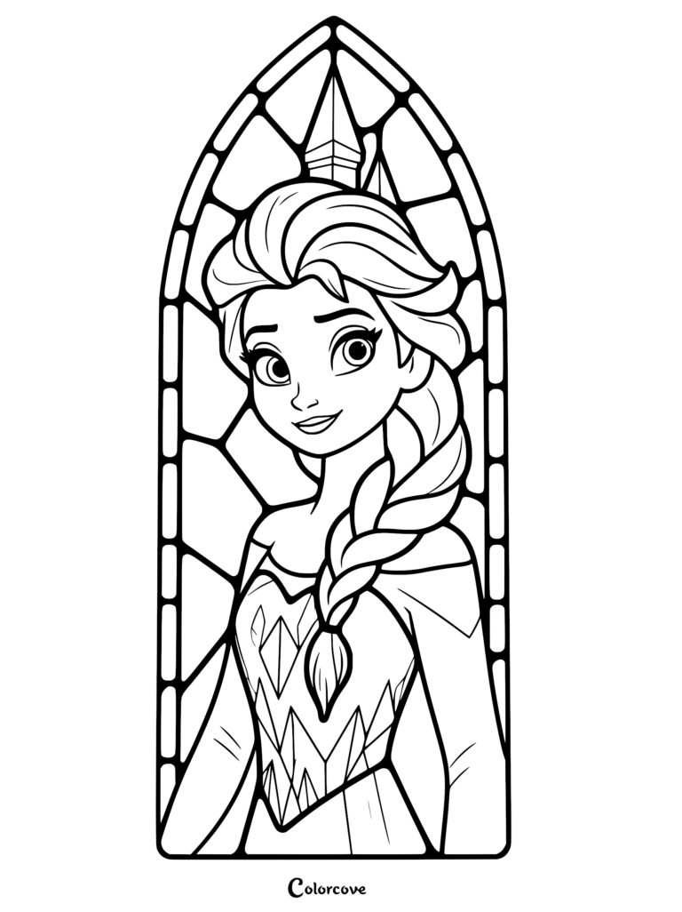 Elsa from Frozen framed in a decorative stained glass window coloring page