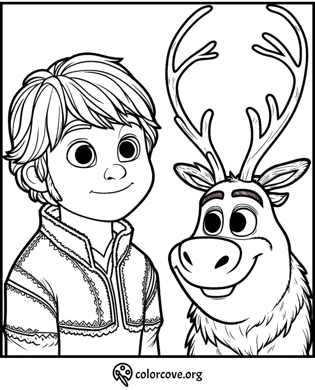 Boy and reindeer coloring page, ideal for kids' creative activities. Fun printable at colorcove.org.