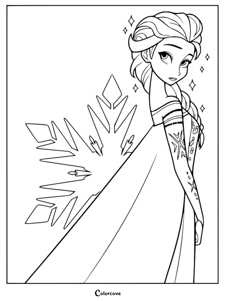 Elsa from Frozen with a large snowflake and magical sparkles in a printable coloring page.