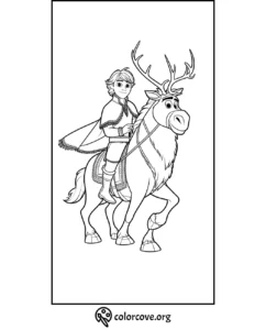 Boy riding a reindeer coloring page, perfect for kids' creativity and fun. Download and print free at colorcove.org.