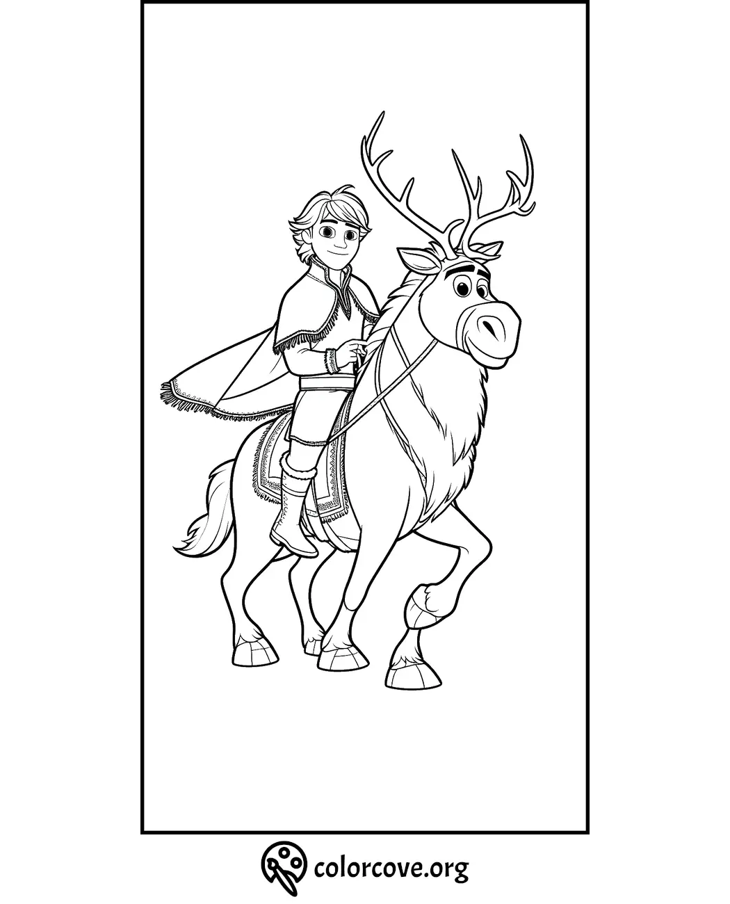 Boy riding a reindeer coloring page, perfect for kids' creativity and fun. Download and print free at colorcove.org.