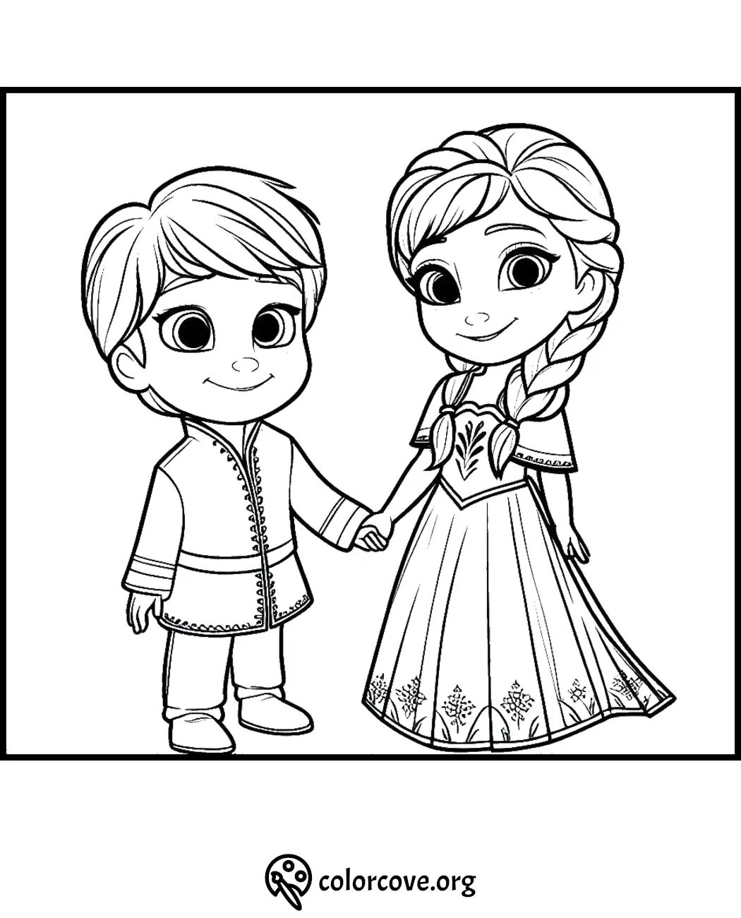 Cute cartoon couple holding hands coloring page for kids.