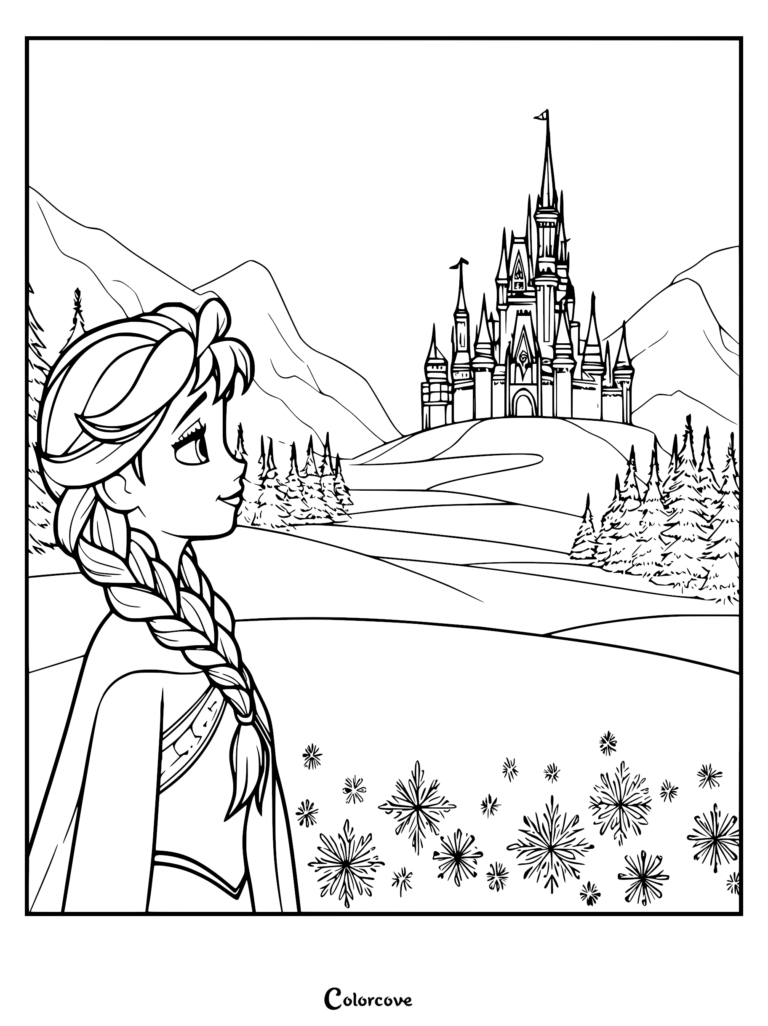 Elsa with her signature braid looking toward the distant Arendelle castle in this detailed printable coloring page featuring snowflakes in the foreground.
