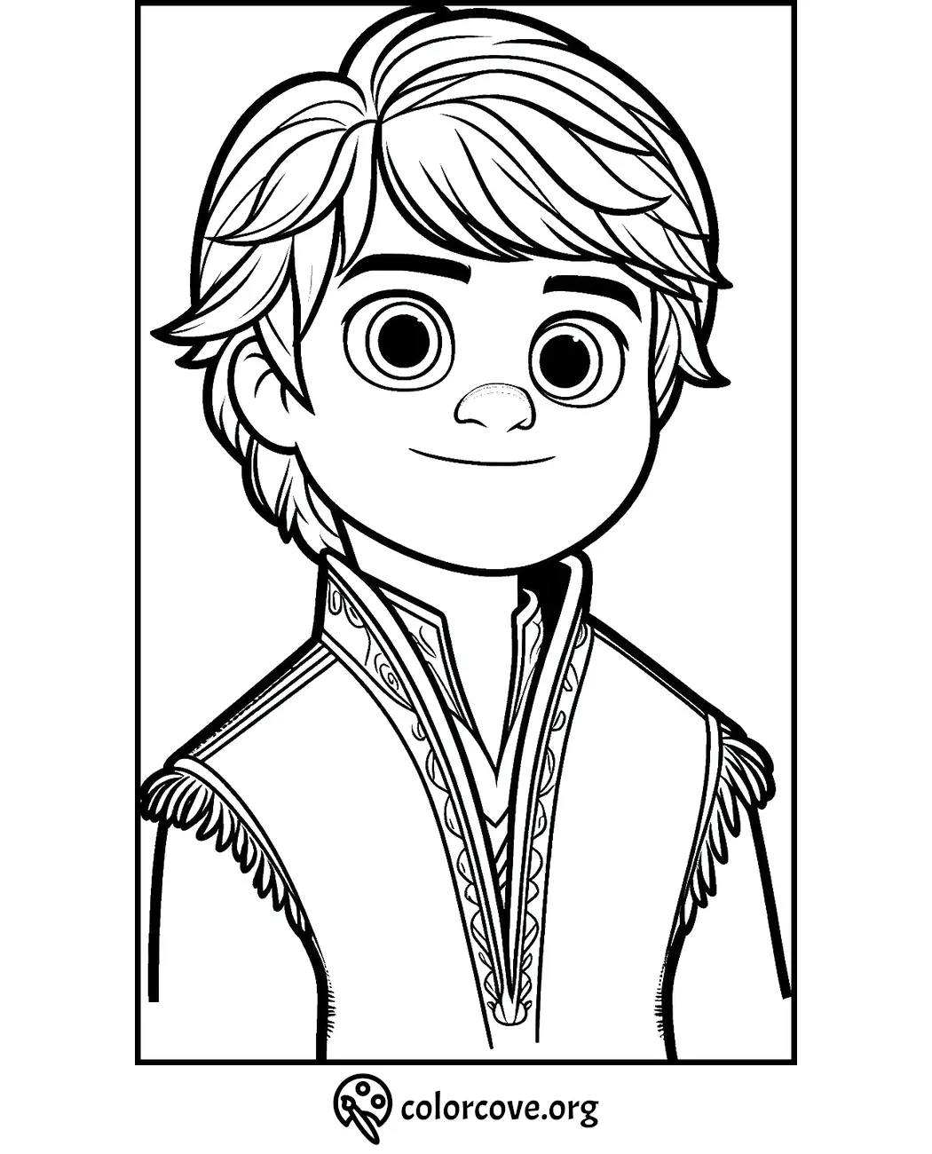 Coloring page of a smiling cartoon boy with layered hair and detailed vest.