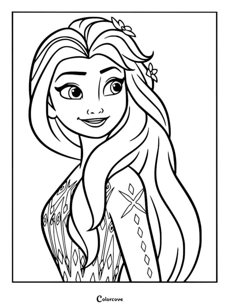 Elsa from Frozen with flowers in her hair, a detailed line art coloring page portrait.