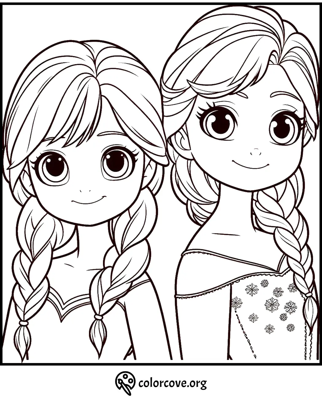 Two cartoon girls with braided hair on a coloring page from colorcove.org.