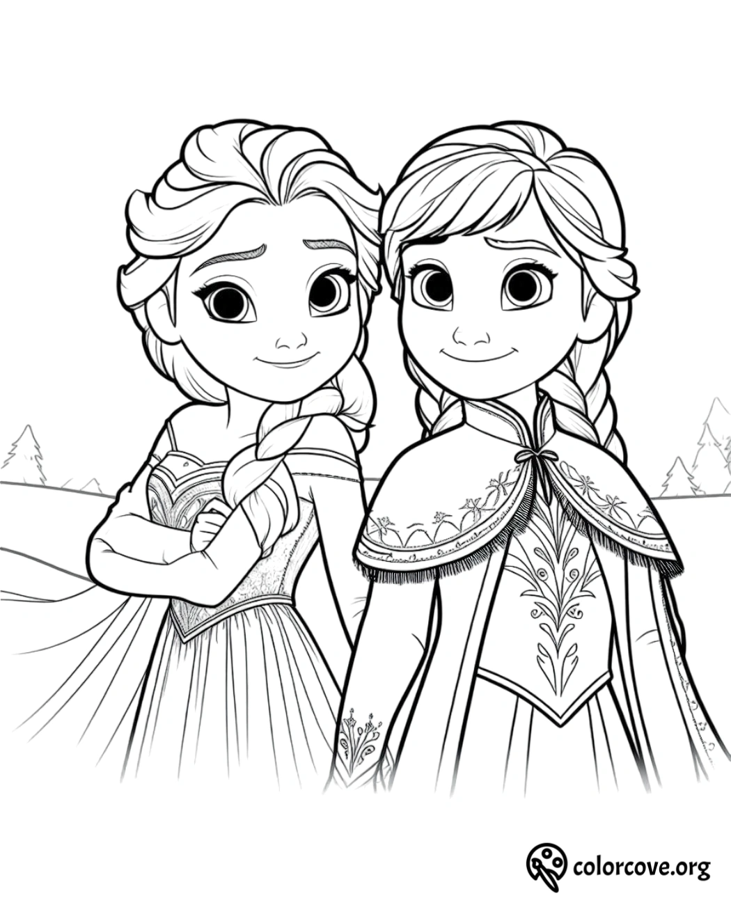 Frozen-inspired coloring page featuring two princess characters with braided hair, standing in a scenic outdoor setting.