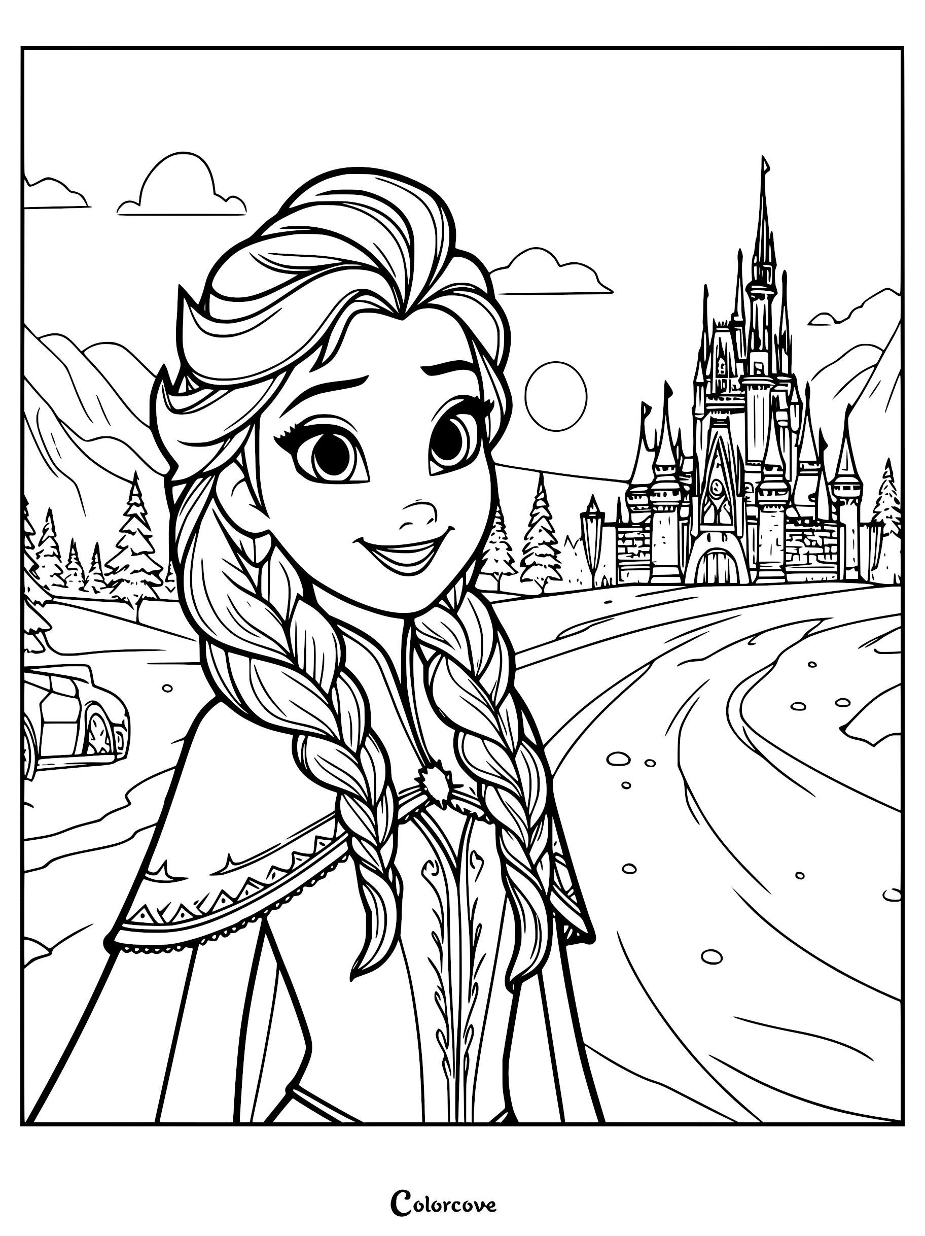 Elsa from Frozen with her signature braided hair standing in front of her ice castle in this printable coloring page.