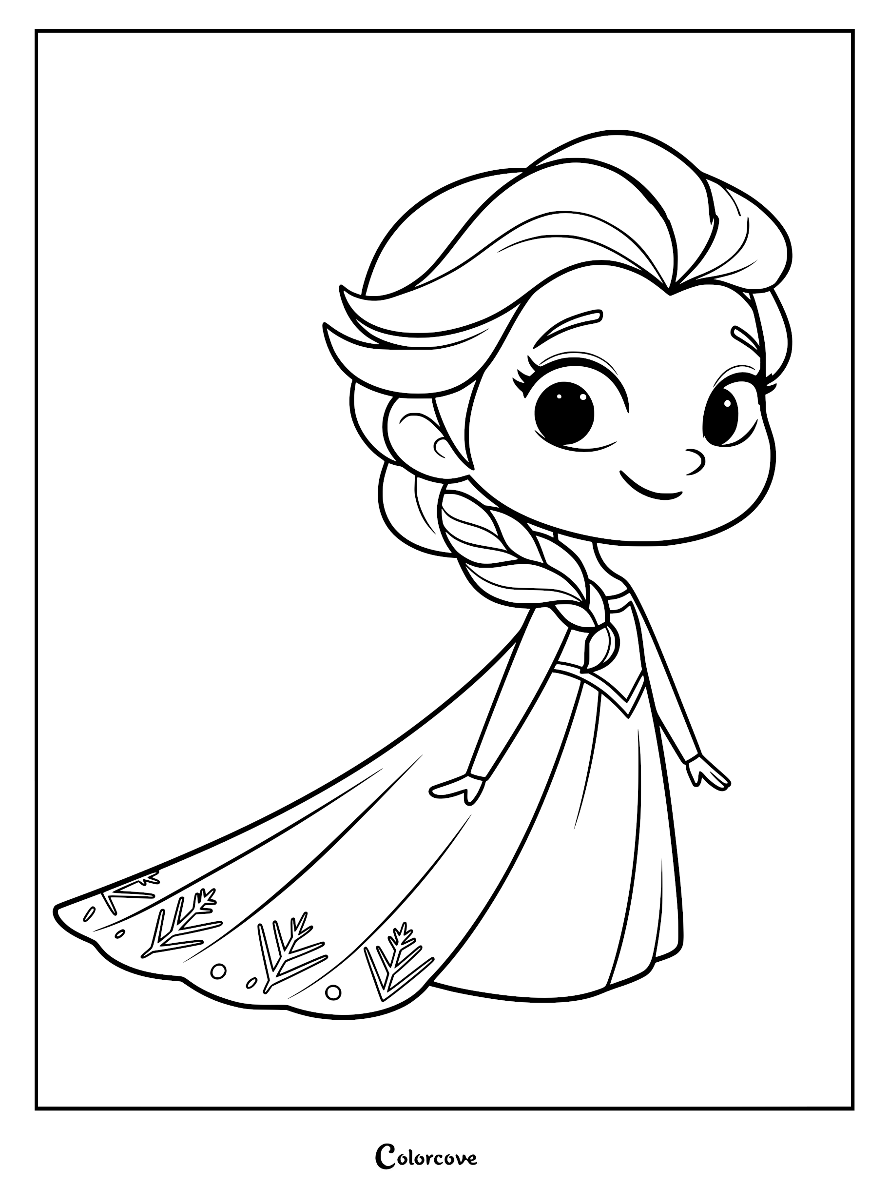 A cute chibi style Elsa coloring page featuring her signature side braid and snowflake patterned gown.