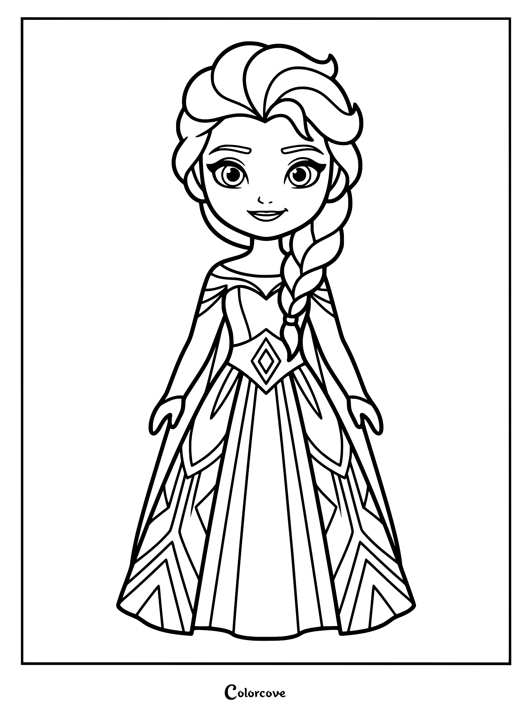A cute chibi style Elsa coloring page featuring her signature side braid and detailed royal gown.