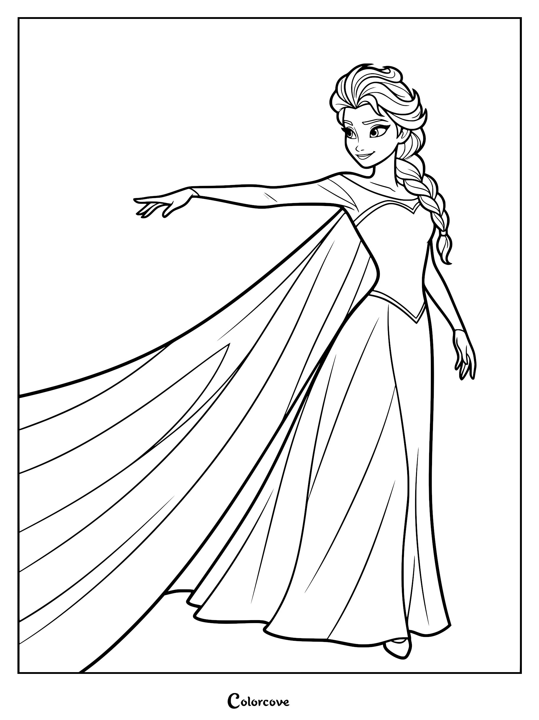 Elsa from Frozen with her signature side braid and flowing ice cape in a printable coloring page.