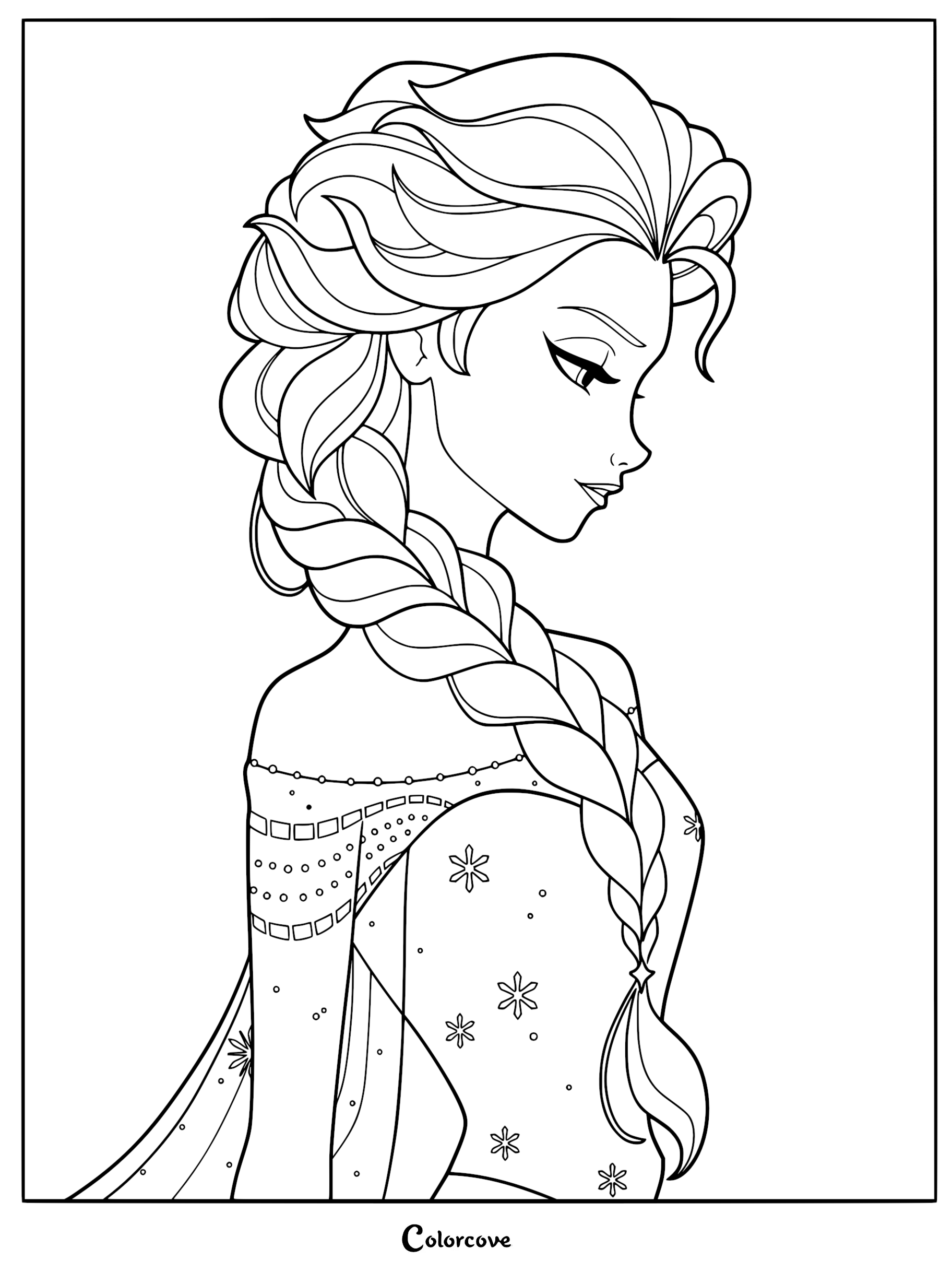 Elsa from Frozen with her signature side braid in a detailed line art coloring page.