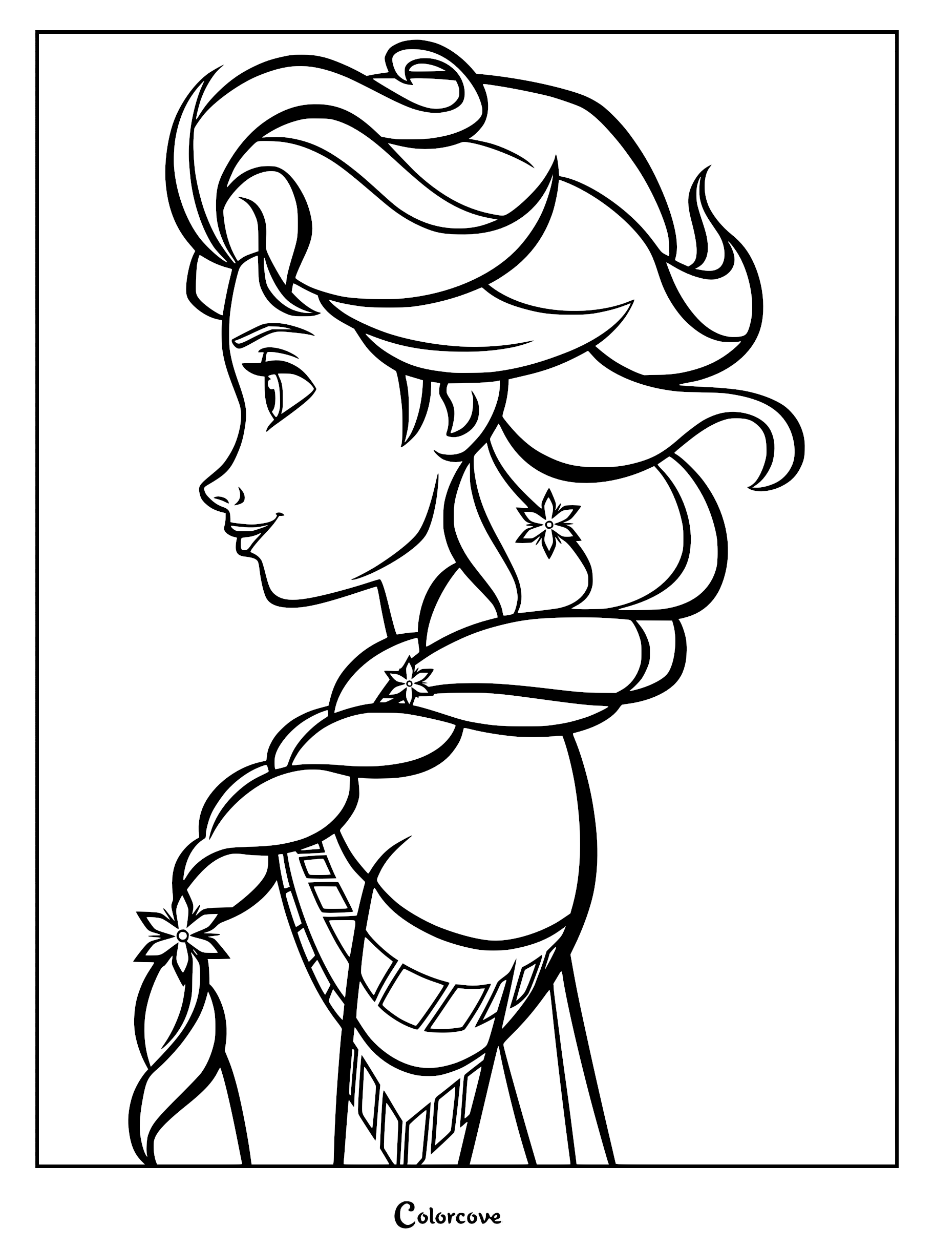 Elsa from Frozen shown in a side profile view with her signature braided hair and snowflake hair accessories in a printable coloring page.