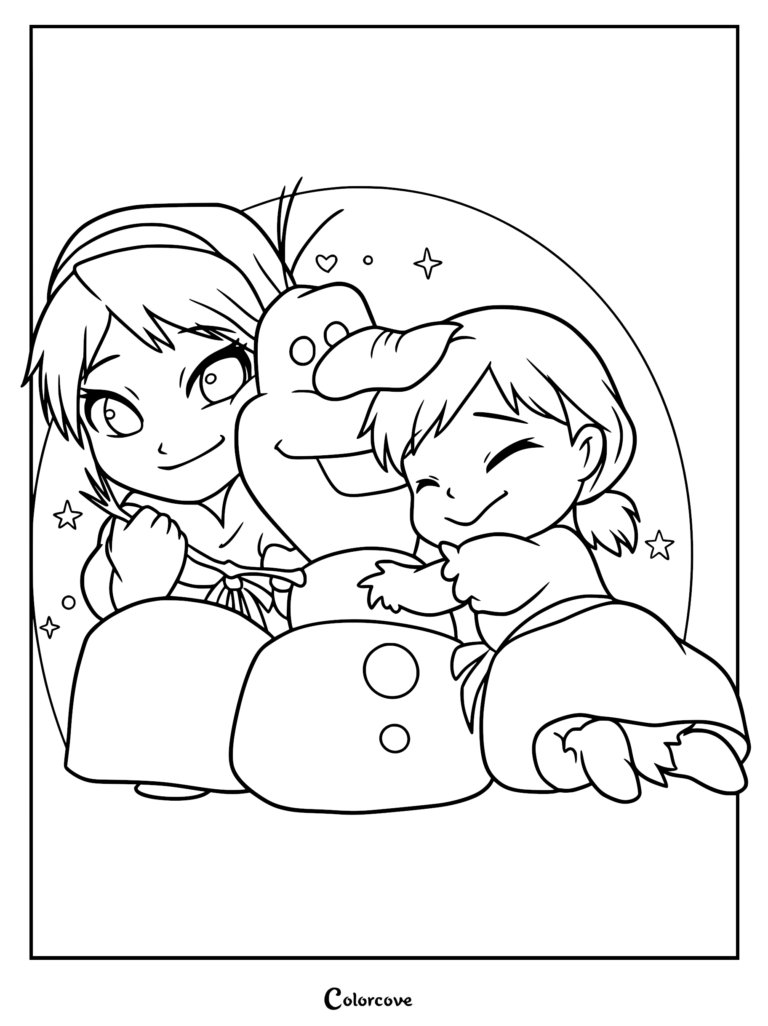 Chibi style Anna and Elsa building a snowman together in this printable coloring page.