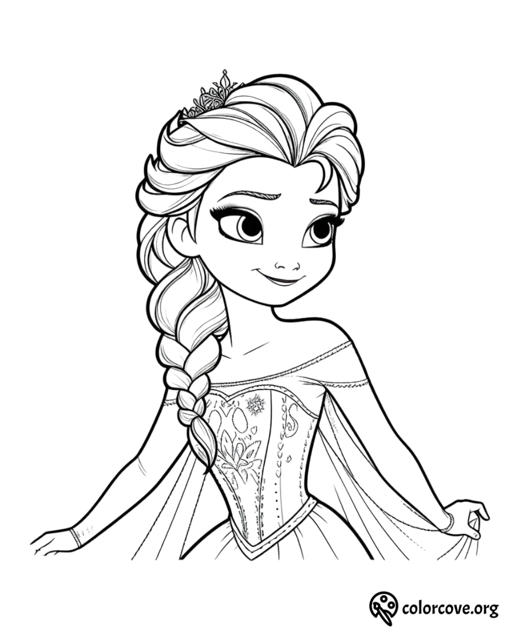 Princess Coloring Page - Young Woman with Braid and Tiara in Elegant Dress - Free Printable by ColorCove.org