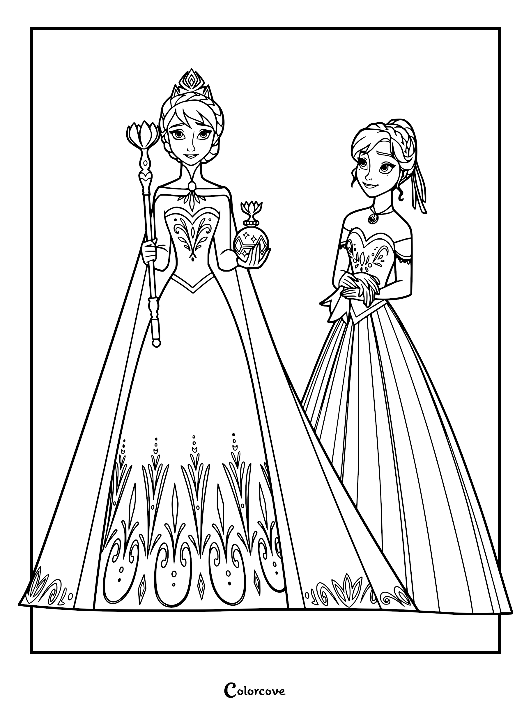 Elsa holding a scepter and orb standing next to Anna in a printable coloring page.