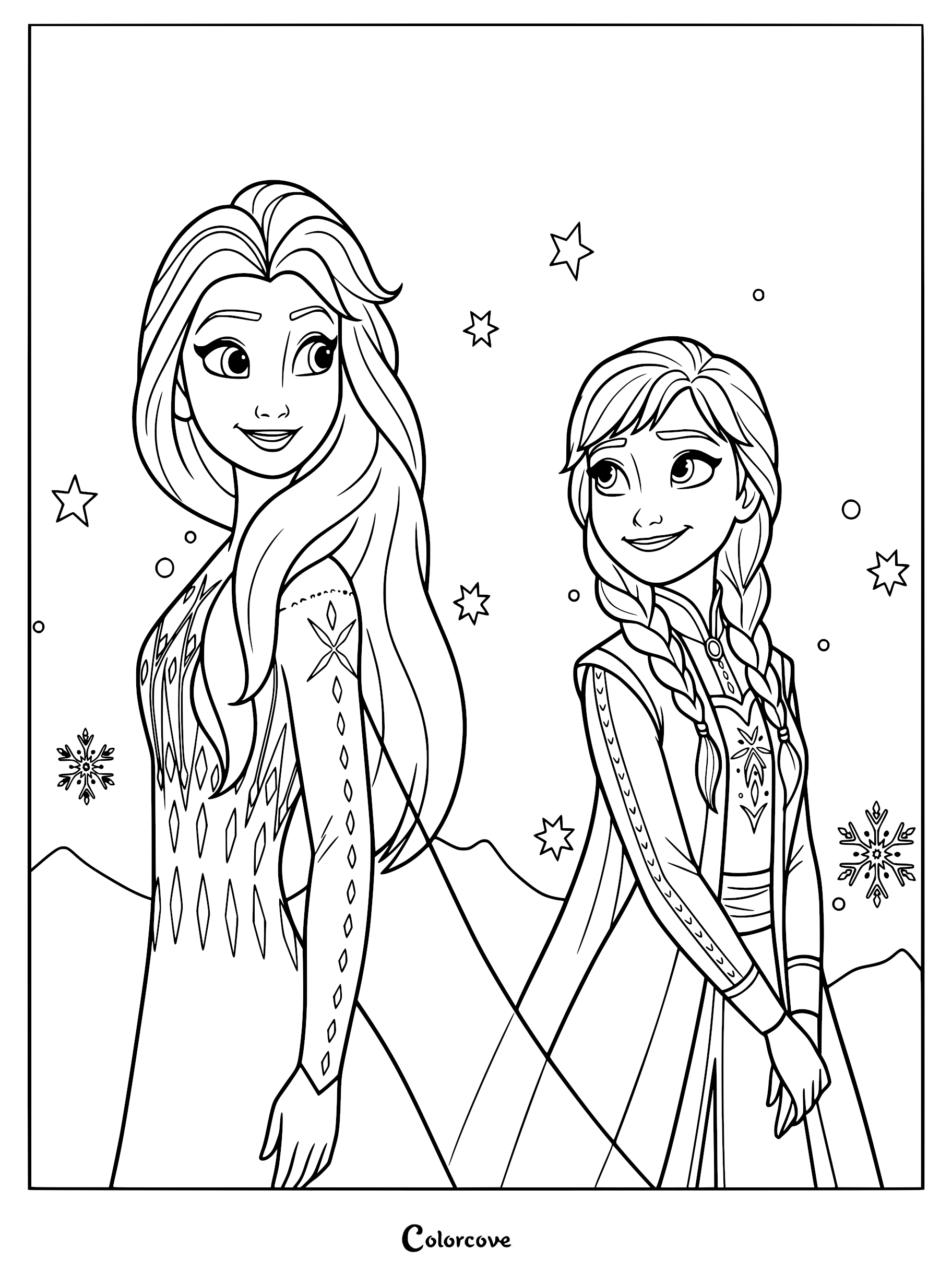Elsa and Anna standing together in a winter scene with snowflakes, printable coloring page.