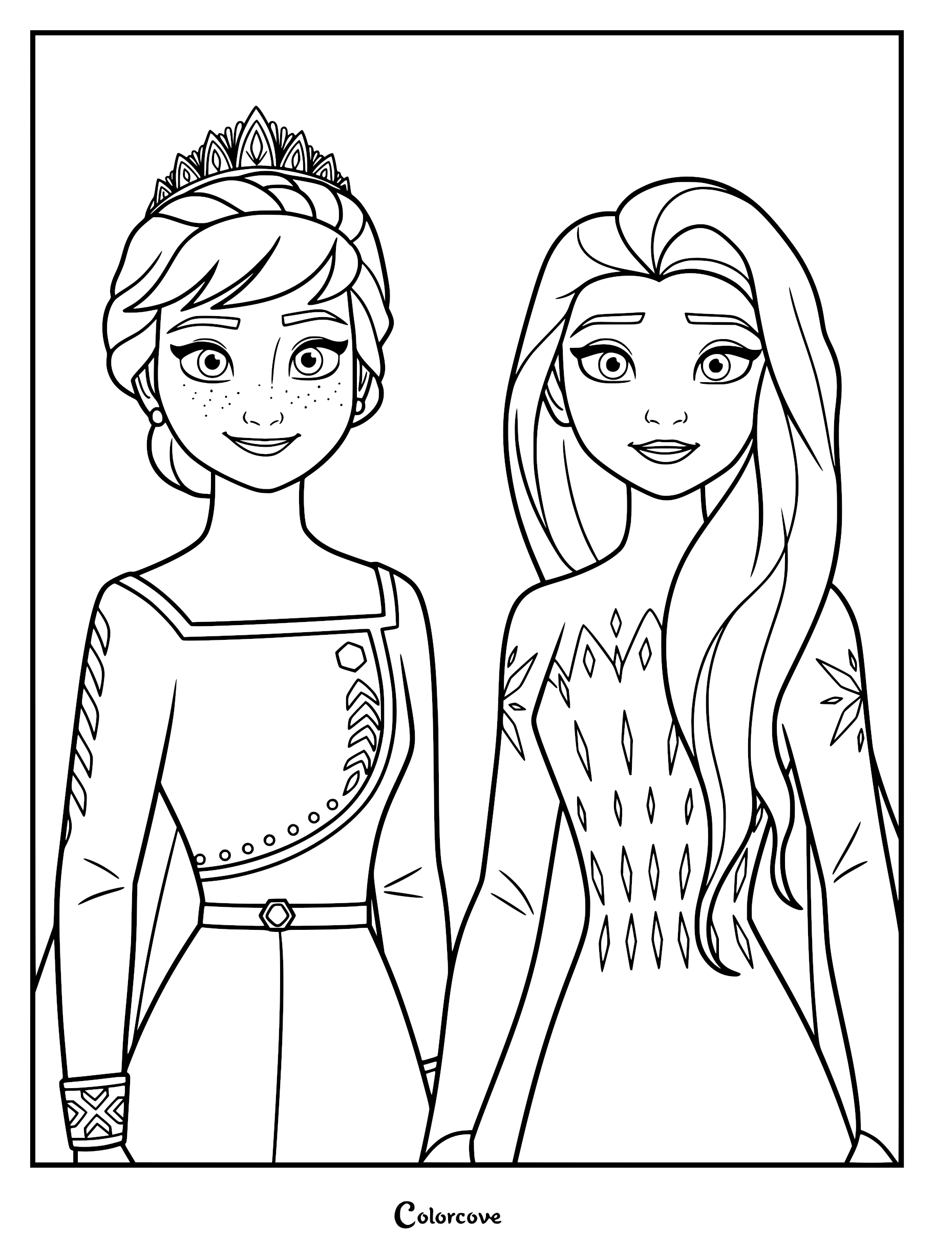 Elsa and Anna standing side by side in a detailed line art coloring page featuring their iconic royal outfits.