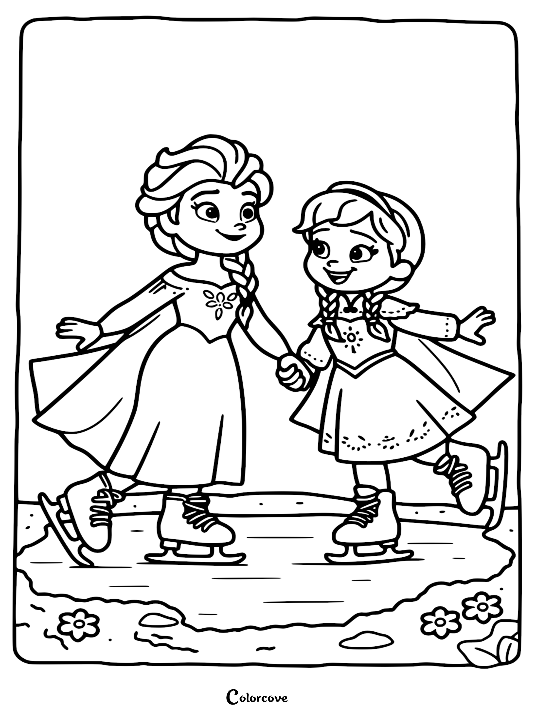 Elsa and Anna holding hands while ice skating in this Frozen coloring page