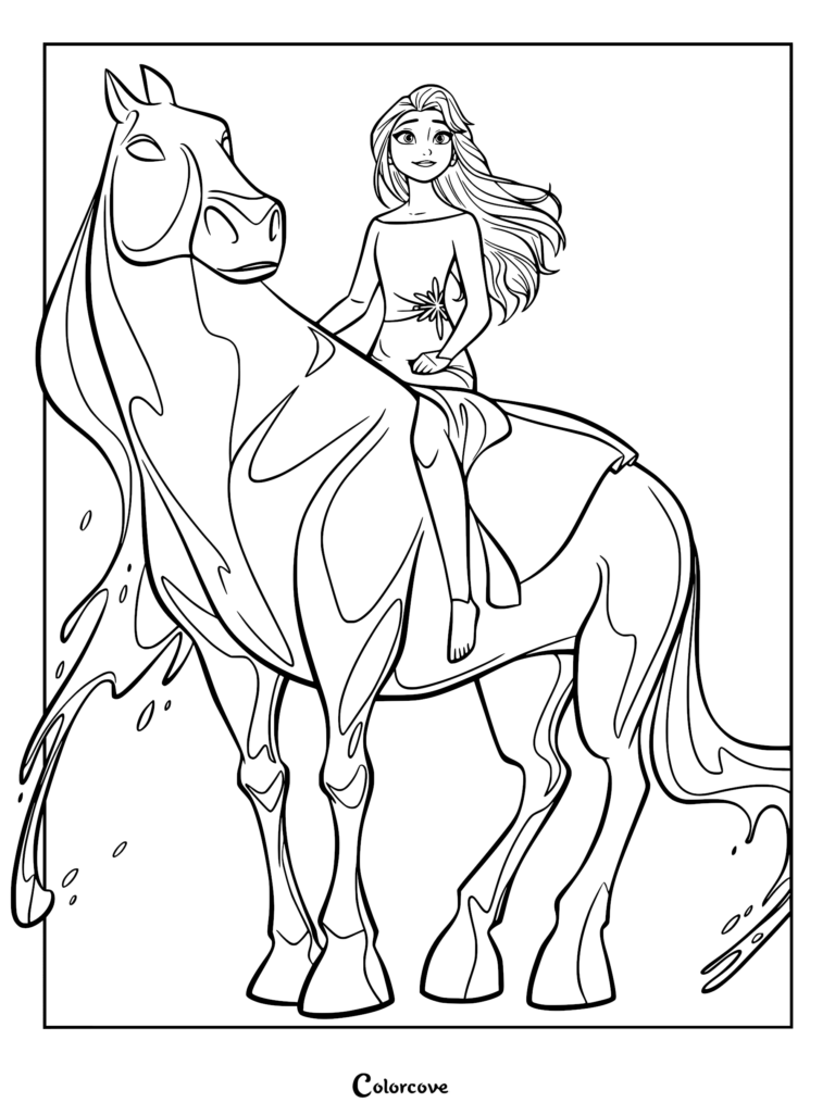 Elsa riding the water spirit Nokk in this detailed Frozen coloring page.
