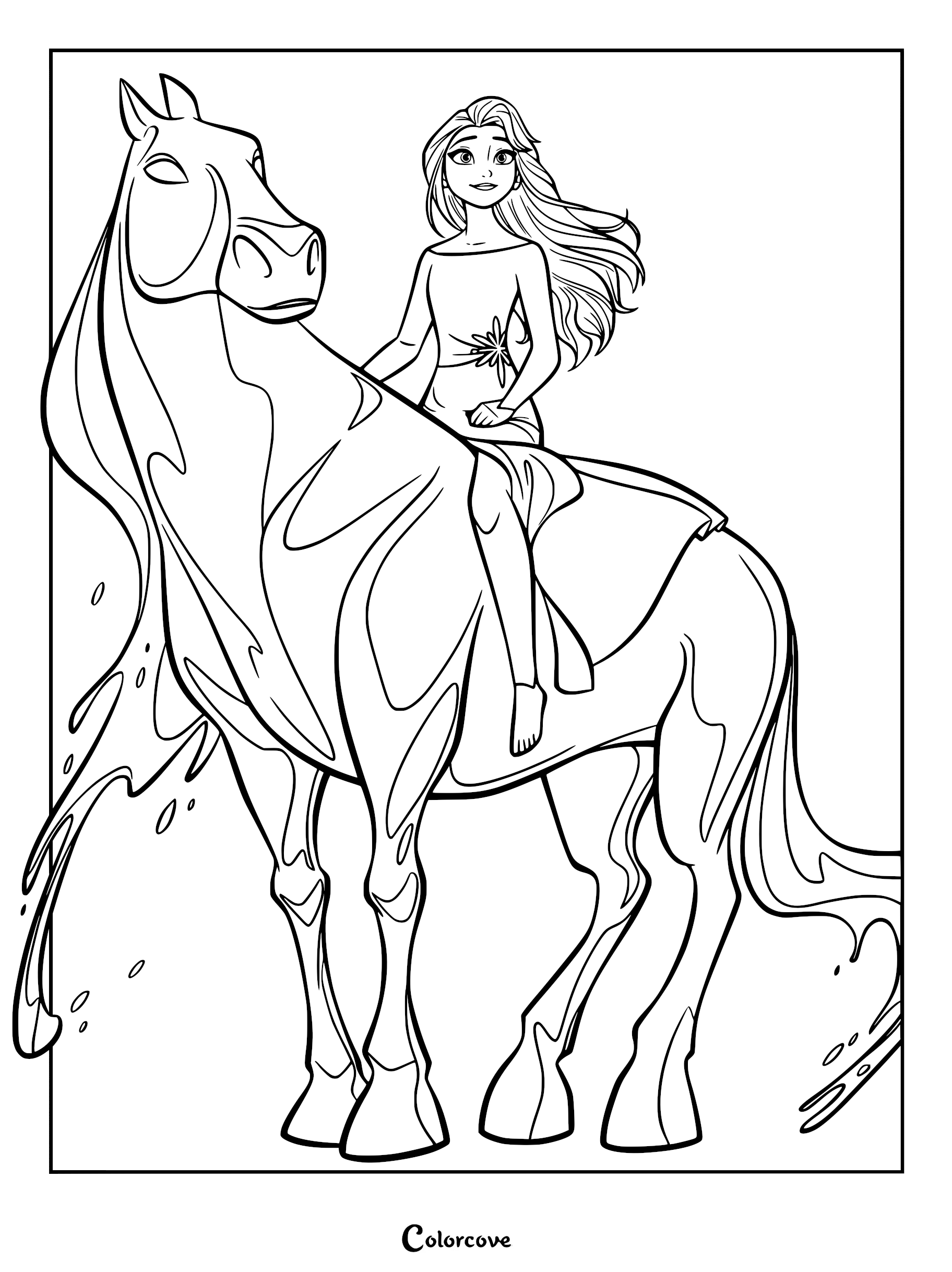 Elsa riding the water spirit Nokk in this detailed Frozen coloring page.