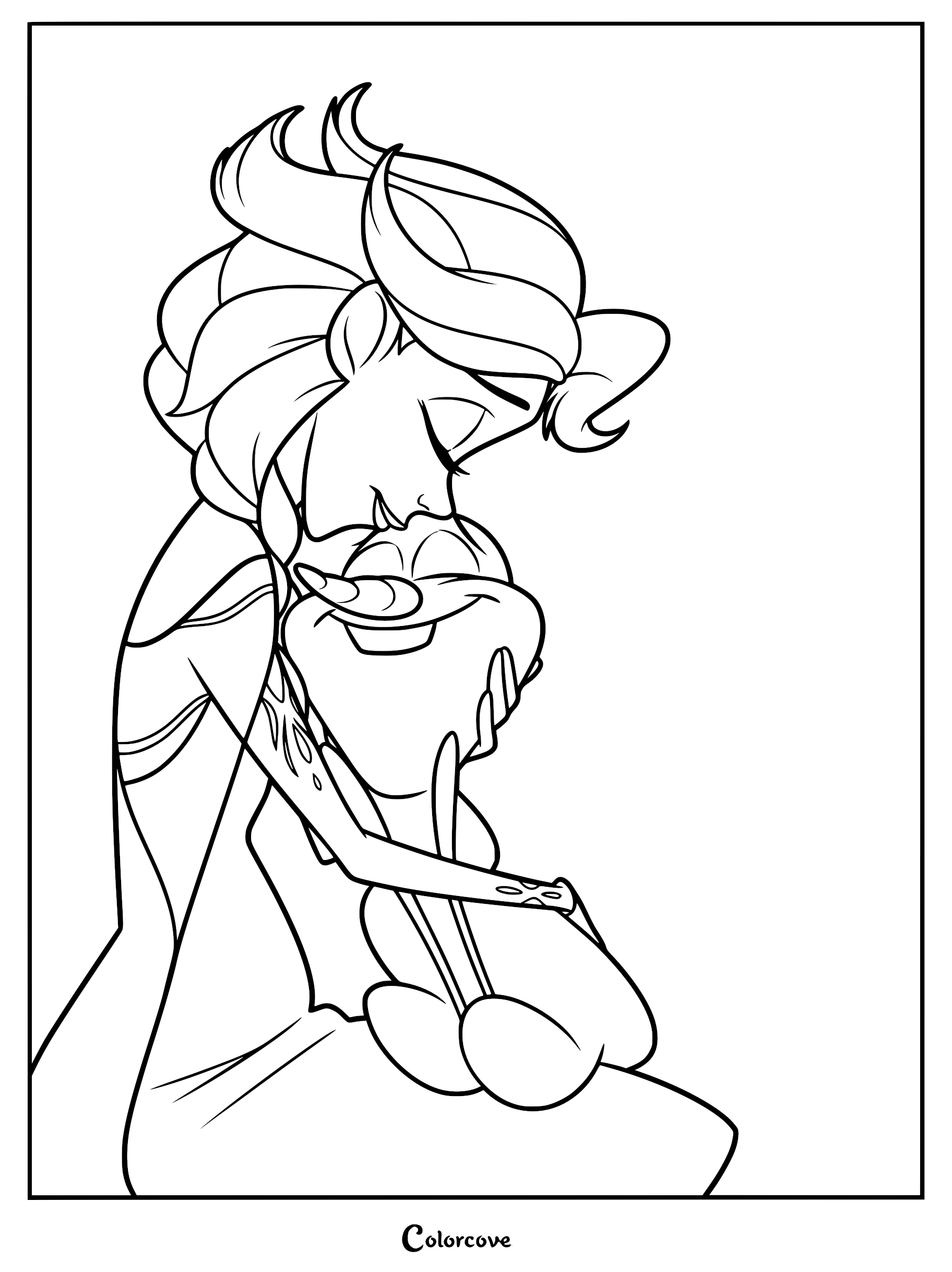 Elsa and Olaf sharing a warm hug in this printable Frozen coloring page.